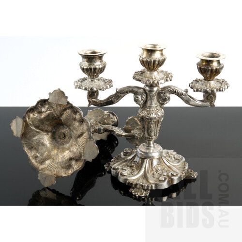 Pair of Heavy Cast and Engraved Antique Silver Plated Candelabra