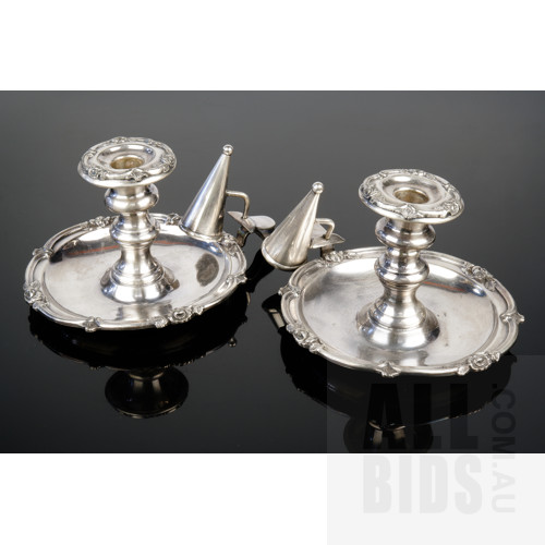 Pair of Antique American Silver Plate Chambersticks and Snuffers