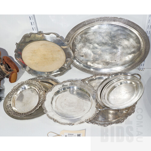 Large Collection of Antique Silver Plate Trays, Bread Board Etc