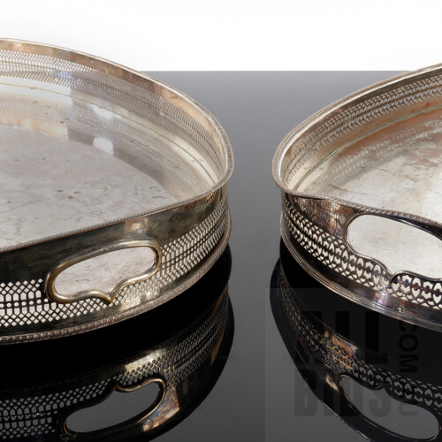 Impressive Near Pair of Large Georgian Sheffield Plate Butler's Trays with Pierced Galleries, Circa 1800