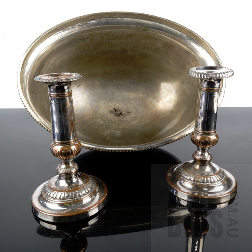 Pair of Georgian Sheffield Plate Candlesticks Circa 1800, and a Victorian Silver Plate Meat Cover Circa 1880