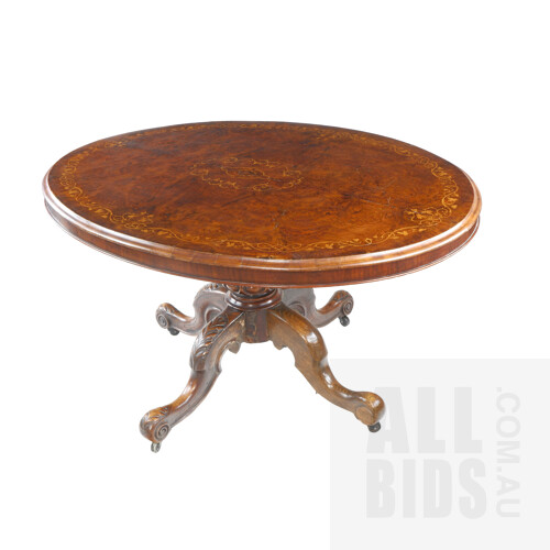 Victorian Inlaid Burr Walnut Oval Table Circa 1880, Faults