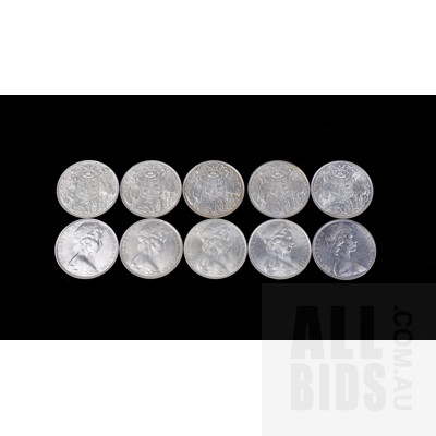 Ten 1966 Australian Silver Round 50c Coins