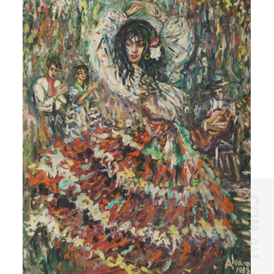 Alvaro, Flamenco Dancer & Band, 1963, Oil on Board, 77.5x64.5cm