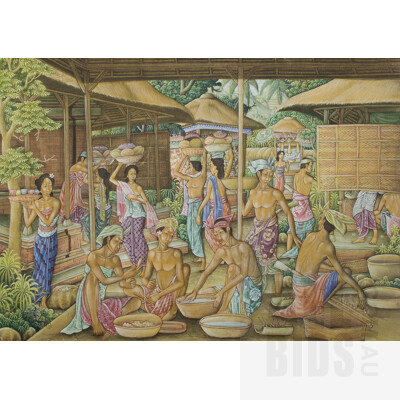 J. M. D. Madre (Balinese School), Indonesian Market Scene, Gouache on Linen on Board, 62.5x88.5cm