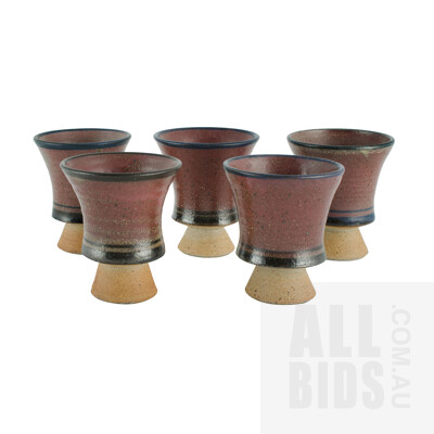 Chris Sanders Stoneware Carafe with 5 Matching Goblets, incised 'C. Sanders, 1976' to base, (H26cm carafe) 