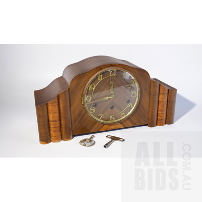 Art Deco Wooden Mantle Clock, Mechanism Made in Germany