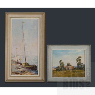 Kurt Peschel, 'Italian Fishing Boats,' 1971, signed & dated lower right, oil on board (45.5x21.5cm); & 'Landscape,' 1974, signed & dated lower left, oil on canvas board (22x26.5cm) (2)