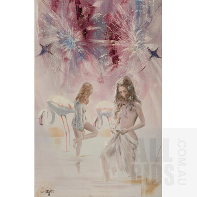 Signed 'Baejen', 'Flamingo Dream', Oil on Canvas Board, 60x40cm