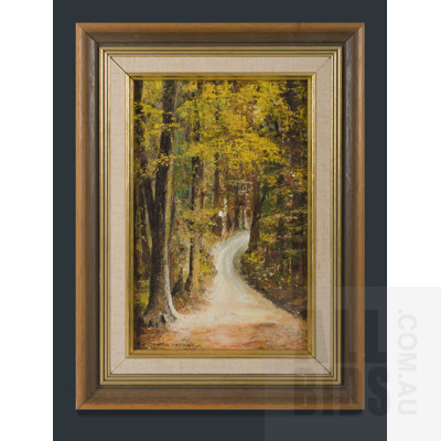 Annette Frankel (b.1929), 'Sunset Bush,' 18x29cm (image size); 'Sunset Bush 2,' 18x29cm (image size) & 'The Path Walk,' 25.5x16.5cm (image size) (3), Oil on Board (3)