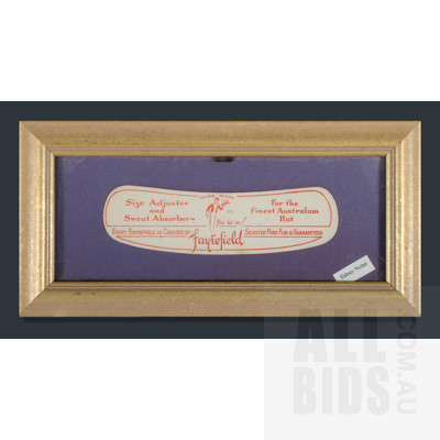 Old Australian 'Fayrefield' Hat Stretcher Label. Printed, with artwork by Sidney Nolan, 14.5x30cm overall (framed)