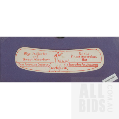 Old Australian 'Fayrefield' Hat Stretcher Label. Printed, with artwork by Sidney Nolan, 14.5x30cm overall (framed)