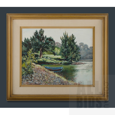Doris O'Grady, Rowboat on Quiet Corner of the River, (possibly the Clarence), Oil on Board, 39.5x49.5cm (image size)