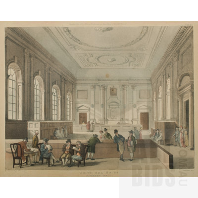 Thomas Rowlandson & Augustus Charles Pugin, 'South Sea House, Dividend Hall,' pub. 1810, London, by R Ackermanns's Repository of Arts, (101 Strand), Part of 'Microcosm of London', Aquatint , 20x26.5cm