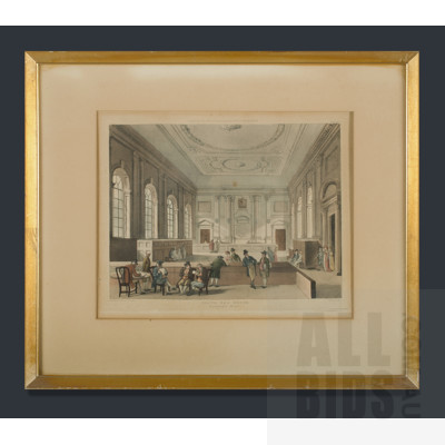 Thomas Rowlandson & Augustus Charles Pugin, 'South Sea House, Dividend Hall,' pub. 1810, London, by R Ackermanns's Repository of Arts, (101 Strand), Part of 'Microcosm of London', Aquatint , 20x26.5cm