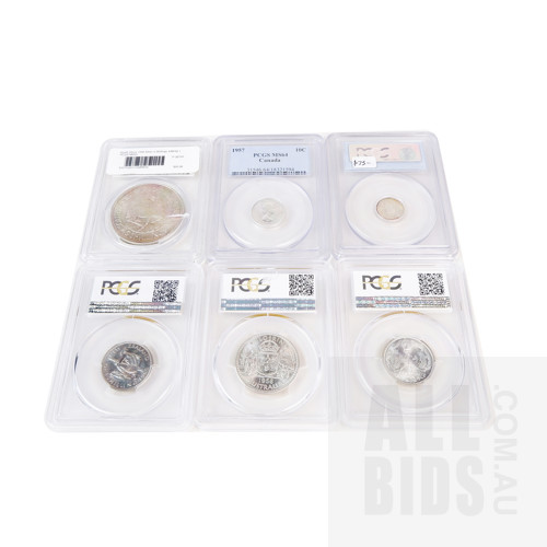 Six Various PCGS Slabbed Coins, Including New Zealand 1965 1 shilling NZ MS 65, South Africa 1948 5 Shilling MS 63, Australian 1956 Florin MS64, and More