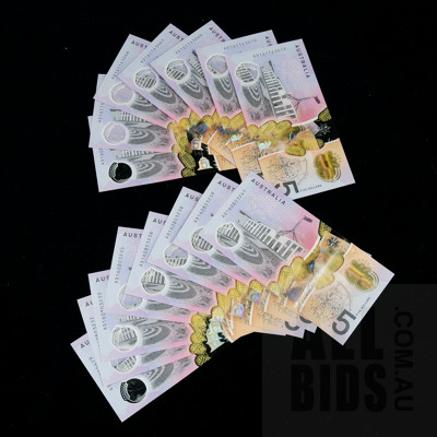 15 X $5 2016 Stevens Fraser Australian Five Dollar Polymer Banknotes R224 AD160805429-72