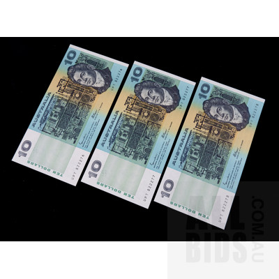3 X Consecutive $10 1985 Johnston Fraser Australian Ten Dollar Banknotes