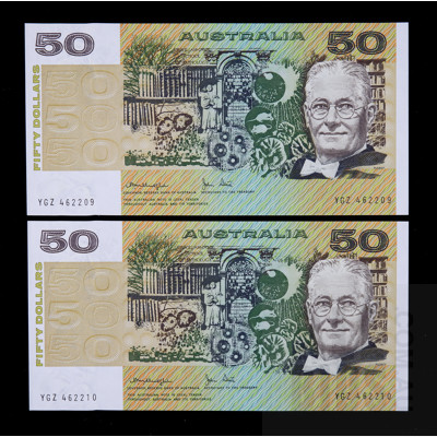 2 X Consecutive $50 1979 Knight Stone Australian Fifty Dollar Banknotes
