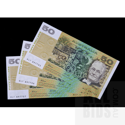 3 X Consecutive $50 1991 Fraser Cole Australian Fifty Dollar Banknotes