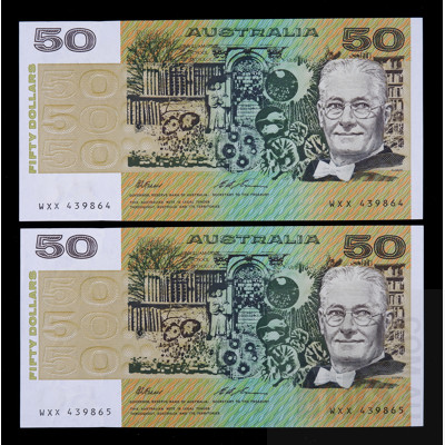 2 X Consecutive $50 1993 Fraser Evans Australian Fifty Dollar Banknotes
