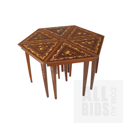 Vintage Italian Set of Six Small Triangular Modular tables with Heavily Inlaid Decoration