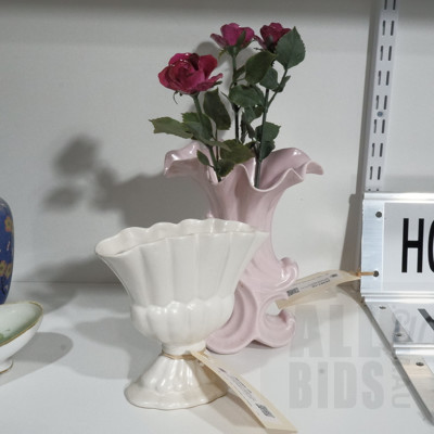 Two Vintage Australian Pottery Vases and Three Porcelain Long Stemmed Roses