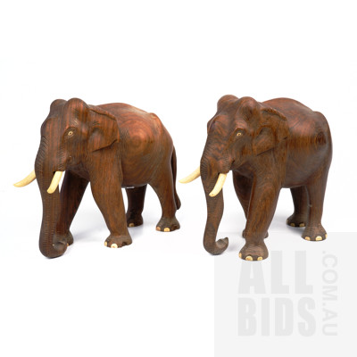 Two Carved Teak Elephant Figurines with Bone Tusks and Toenails (2)