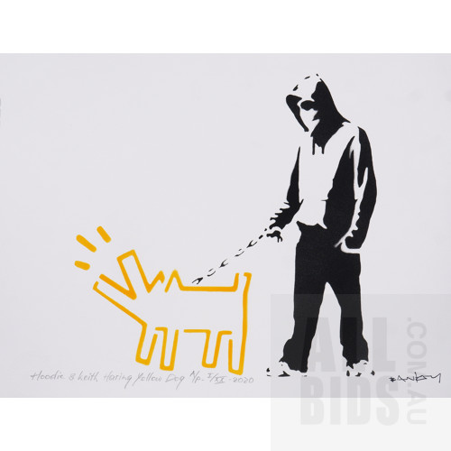 After Banksy, Hoodie & Keith Haring Yellow Dog 2020, Stencil & Spray, 30 x 40 cm