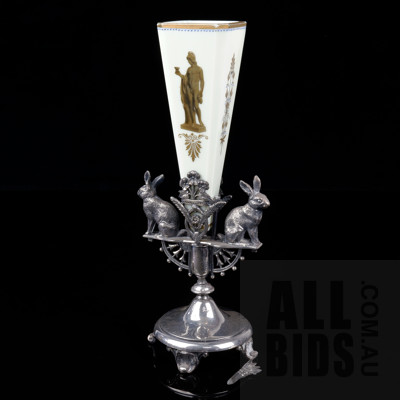 Vintage Uranium Glass Epergne with Gilt Grecian Figure on Silver Plated Stand with Rabbit Finials 