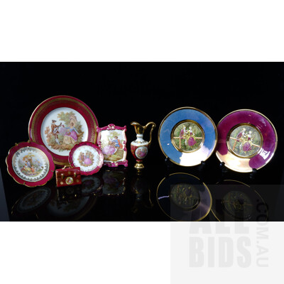 Collection of Six Maroon Limoges Miniatures and Two Chokin Plates
