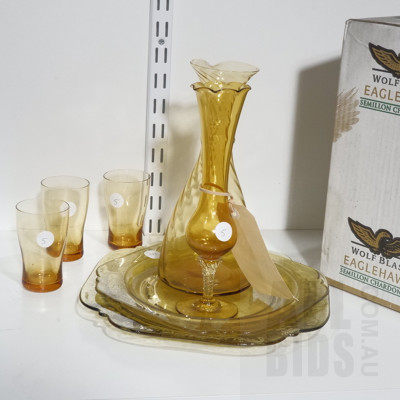 Selection Of Amber Glass Pieces< Carafe, Vase and Plates (4)