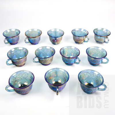 Twelve Blue Carnival Glass Punch Cups