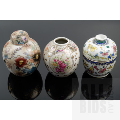 Vintage Hand Painted Ginger Jars and Vase, Three Chinese Including UW Porcelain Circa Mid 20th Century