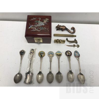 Large Collection of Souvenir Spoons, Shell Inlaid Jewellery Box, Cast Bronze Possum and More