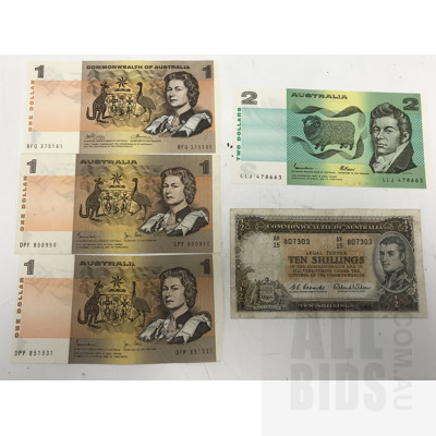 Australian Coombs/ Wilson 10 Shillings Notes AH15807303, and Various Australian $2 and $1 Notes