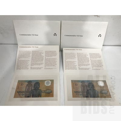 Two Consecutively Numbered 1988 Australian Bicentennial Commemorative $10 Notes AA12001052 and AA12001053
