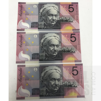 Three Australian 2001 $5 Notes, GK01921606, IA01968037 and DE01503717