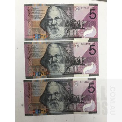 Three Australian 2001 $5 Notes, GK01921606, IA01968037 and DE01503717