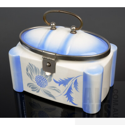 Art Deco German Blue and White Ceramic Box with Metal Trim to Lid and Buckle Enclosure - Marked to Base