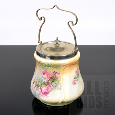 Antique Porcelain Silverplated Lidded Biscuit Jar with Pink Rose Design - Marked to Base