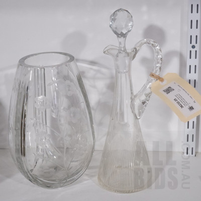 Large Violetta Poland Etched Crystal Vase and a Tall Etched Crystal Decanter (2)