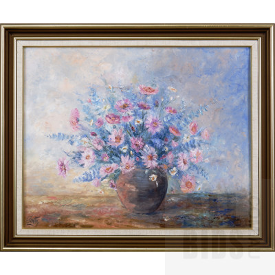 Eunice Zantis, Pink Daisies and Argyle Apple, Oil on Canvasboard, 38 x 49 cm