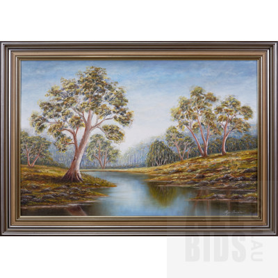 Olga Irwin, Untitled (Riverscape), Oil on Canvasboard, 49 x 74 cm 
