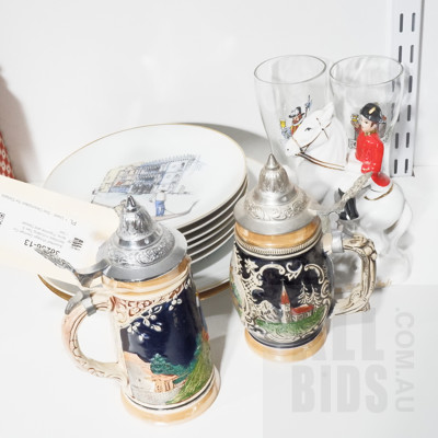 Assorted Vintage German Collectibles including Two Steins, Figurine and Dessert Set