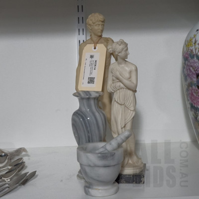 Two Resin Classical Figurines, Marble Vase and Mortar and Pestle