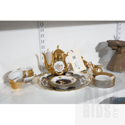 Vintage 15 Piece Austrian Gilded Porcelain Tea Set and an Echt Kobalt Serving Plate