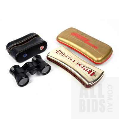Vintage Hohner Comet harmonica in original Case and Cased Travel Binoculars (2)