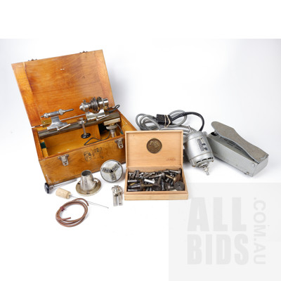 Vintage IME England Jewellers/Watchmakers Lathe in Original Box with Foot pedal Operated Motor and a Large Selection of Collets