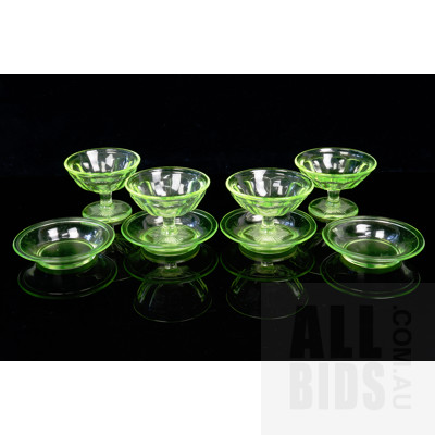 Set of Four Uranium Glass Dessert Bowls with Under Dishes